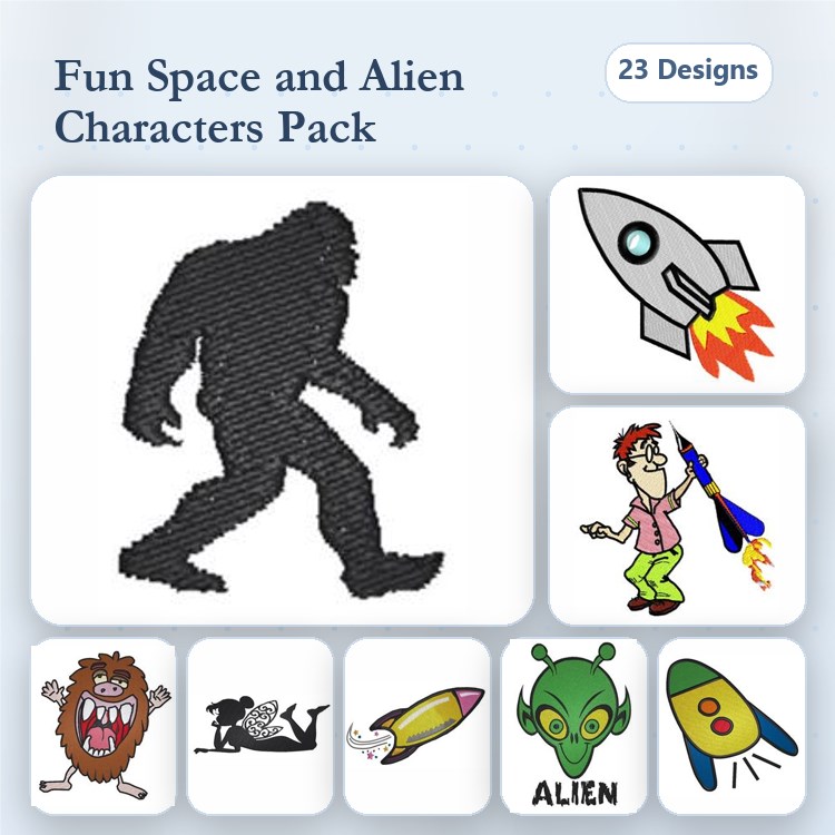 Space & Alien Characters Embroidery Designs Bundle – Bigfoot Silhouette, Rocket Ship, Cartoon Alien & More (23 Designs)