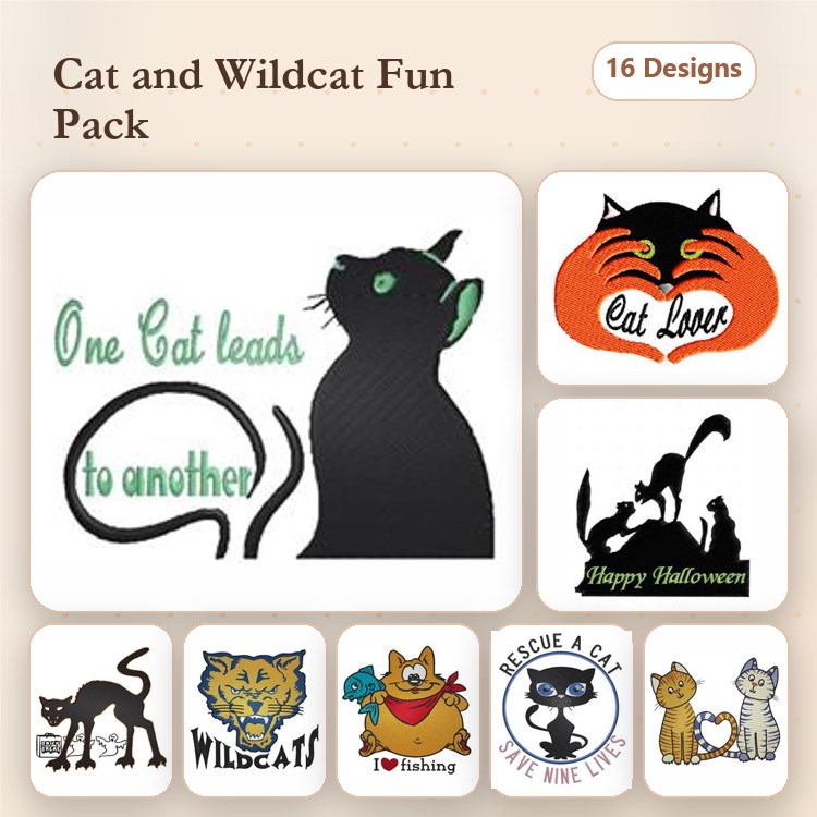Cats and Wild Animals Embroidery Designs Bundle – Black Cat Silhouette, Halloween Cat, Playful Cat & More (16 Designs)