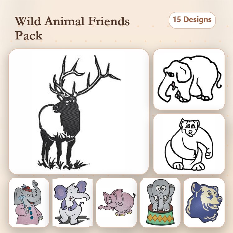 Wild Animal Embroidery Designs Bundle – Elk, Elephant, Polar Bear, Lion & More (15 Designs)