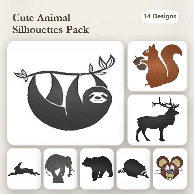 Cute Animal Silhouettes Embroidery Bundle – Sloth, Squirrel, Deer & More (14 Designs)