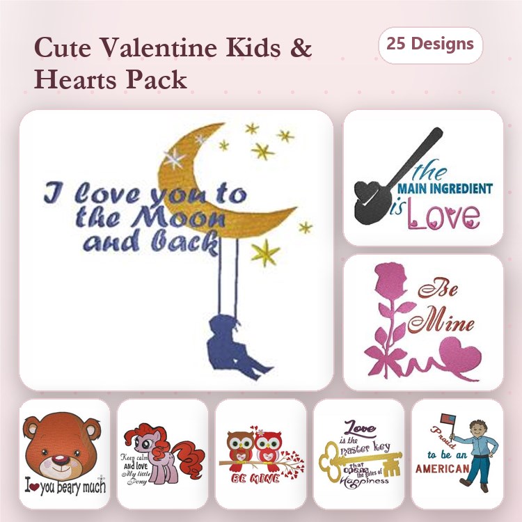 Valentine's Fun Embroidery Designs Bundle – Love Bears, Moon & Child, Be Mine & More (25 Designs)