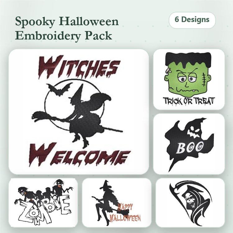 Halloween Fun Embroidery Designs Bundle – Witches Welcome, Frankenstein, Zombie & More (6 Designs)