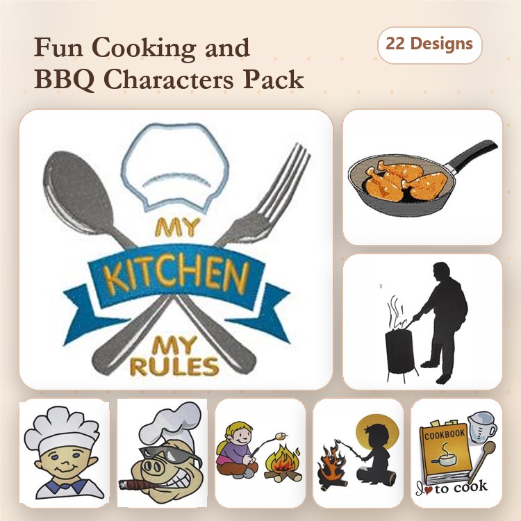 Cooking & BBQ Characters Embroidery Designs Bundle – Chef with Hat, Funny BBQ Chef, Grilled Chicken & More (22 Designs)