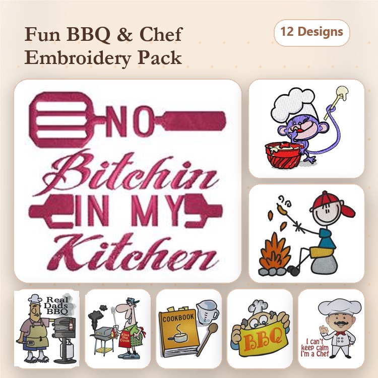 BBQ Chef Embroidery Designs Bundle – No Bitchin in My Kitchen, Funny BBQ Saying, Chef with Spatula & More (12 Designs)
