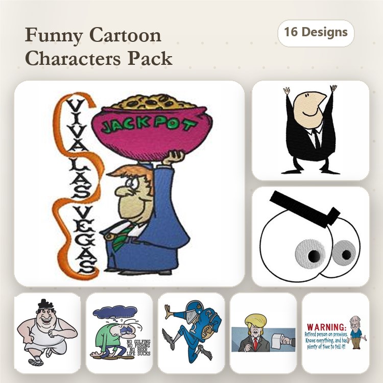 Funny Cartoon Characters Embroidery Designs Bundle – Viva Las Vegas, Businessman, Silly Face & More (16 Designs)