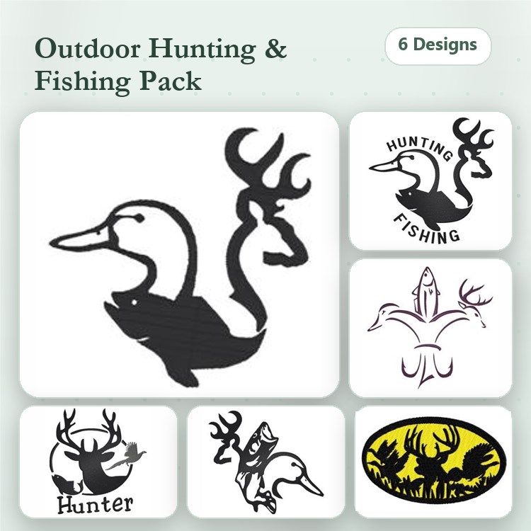 Hunting & Fishing Embroidery Designs Bundle – Duck with Antlers, Hunter Silhouette, Fishing Lure & More (6 Designs)