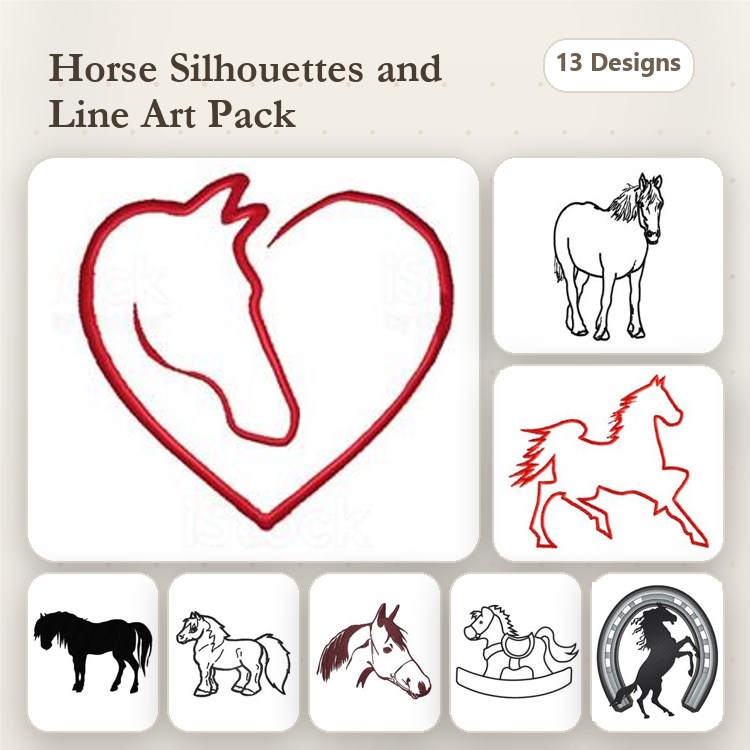 Redwork Horse Silhouettes Embroidery Bundle – Horse Head in Heart, Rearing Horse, Galloping Horse & More (13 Designs)