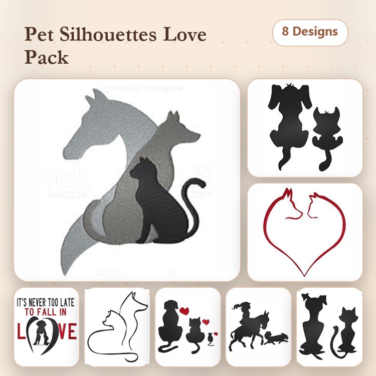 Cat & Dog Silhouette Embroidery Bundle – Love & Pets (8 Designs)