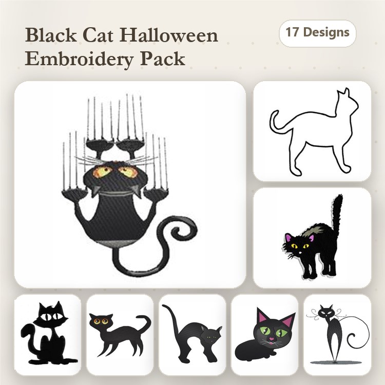 Black Cat Halloween Embroidery Bundle – Sitting Cat, Spooky Cat, Cat with Candles & More (17 Designs)