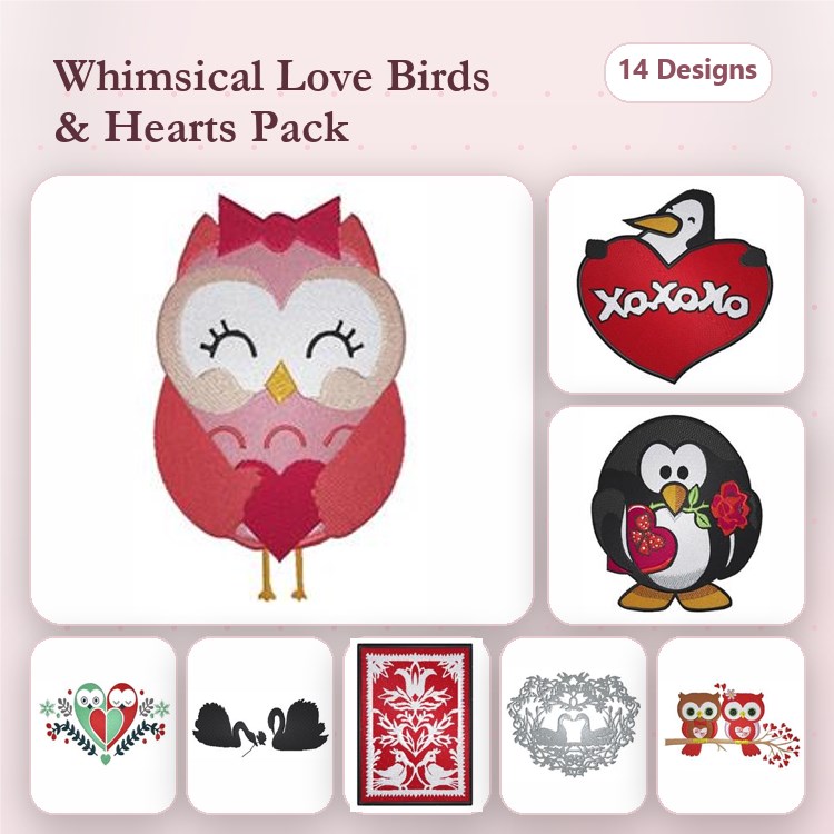 Love Birds & Hearts Embroidery Designs Bundle – Owl with Heart, Penguin with Flowers, Swans with Hearts & More (14 Designs)
