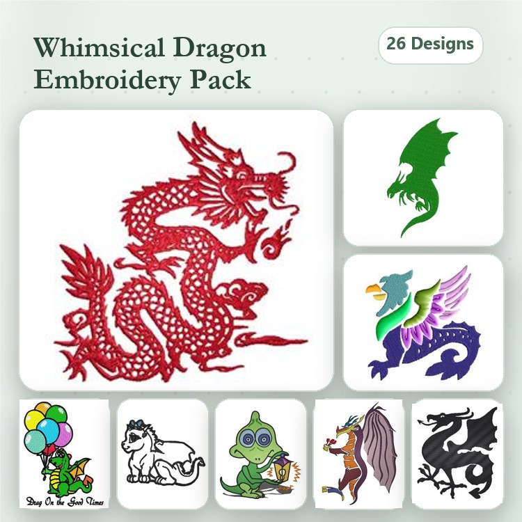 Dragon Embroidery Designs Bundle – Red Dragon, Green Dragon Head, Dragon with Balloons & More (26 Designs)