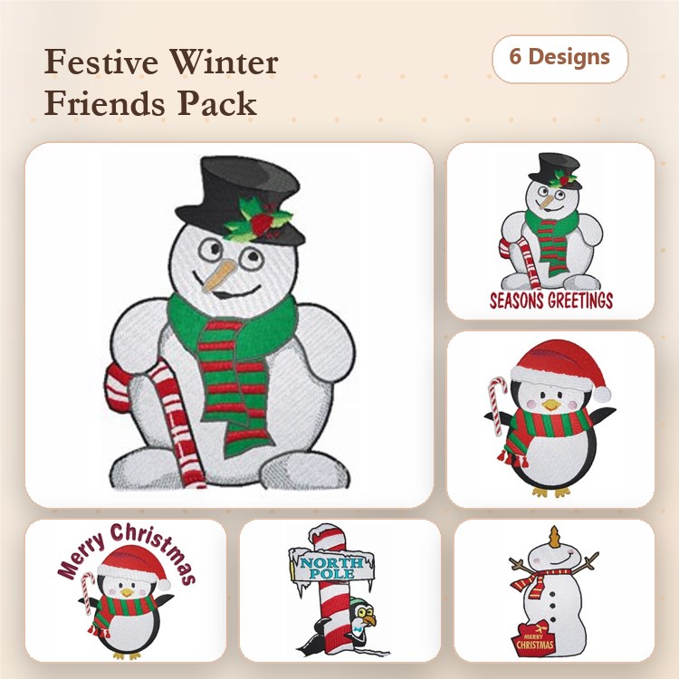 Snowman & Penguin Christmas Embroidery Bundle – Festive Winter Friends (6 Designs)
