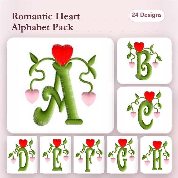 Heart-themed Alphabet Embroidery Designs Bundle – A with Hearts, B with Hearts, C with Hearts & More (24 Designs)
