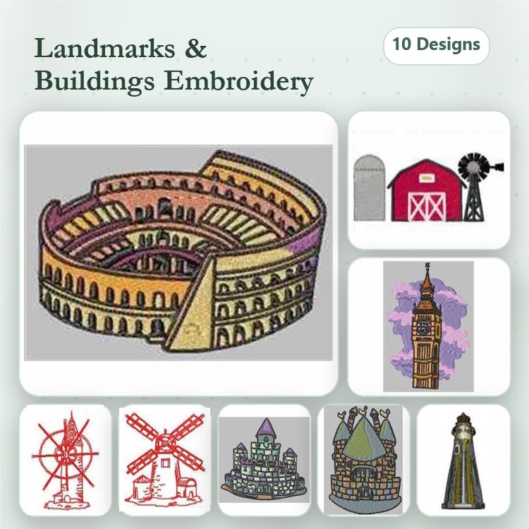 Landmarks and Buildings Embroidery Designs Bundle – Colosseum, Big Ben, Eiffel Tower & More (10 Designs)