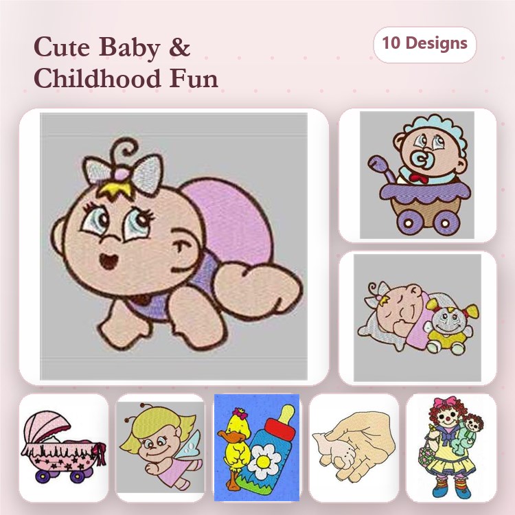 Cute Baby and Childhood Embroidery Designs Bundle – Crawling Baby, Baby in a Stroller, Sleeping Baby & More (10 Designs)