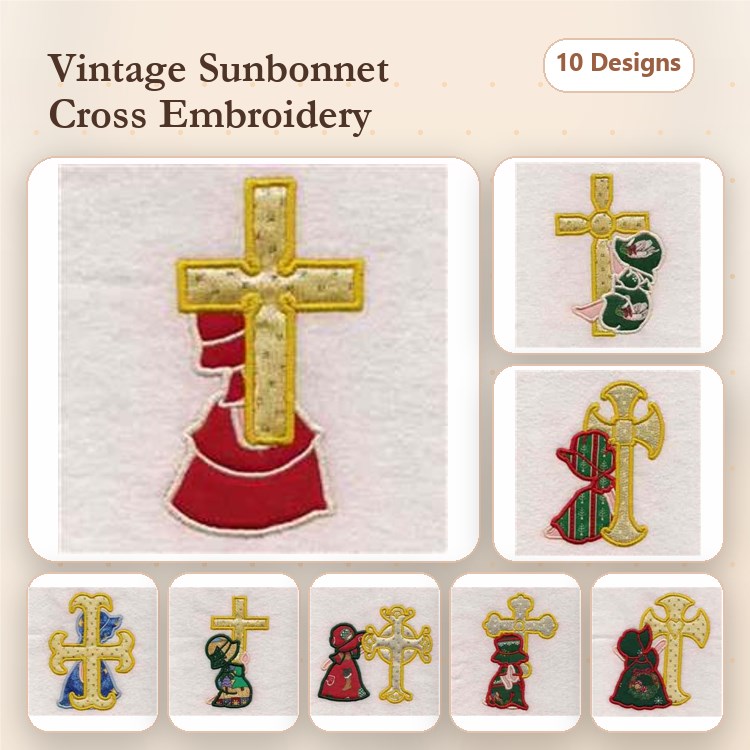 Applique Sunbonnet Cross Embroidery Bundle – Cross with Bow, Cross with Flowers, Cross with Heart & More (10 Designs)
