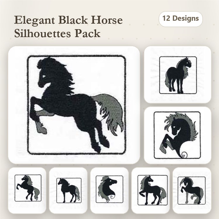 Black Horse Silhouettes Embroidery Bundle – Leaping, Rearing, Galloping & More (12 Designs)
