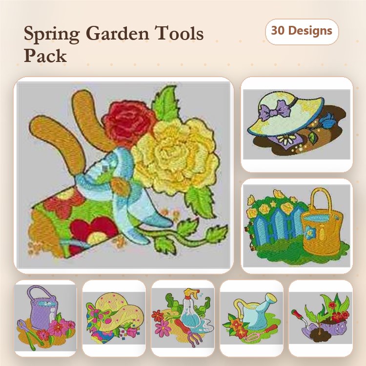Garden Tools & Flowers Embroidery Designs Bundle – Watering Can, Sun Hat, Garden Basket & More (30 Designs)