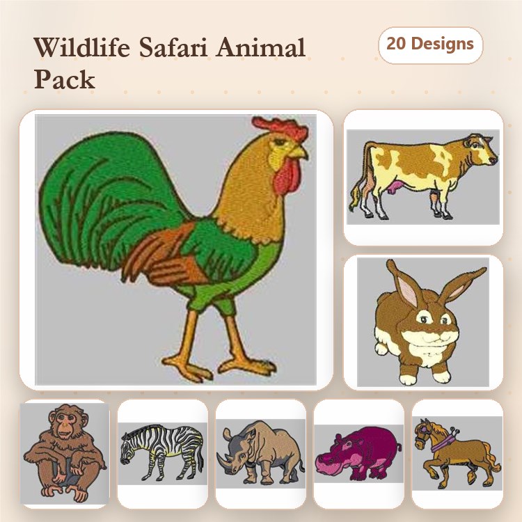 Wildlife Animals Embroidery Bundle – Rooster, Lion, Monkey & More (20 Designs)