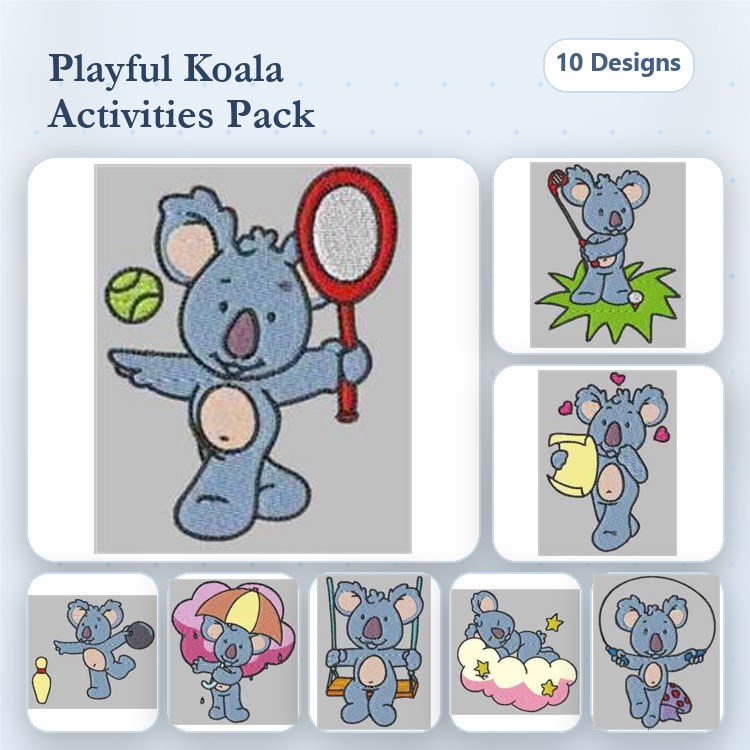 Koala Activities Embroidery Bundle – Tennis Racket, Cup, Umbrella & More (10 Designs)