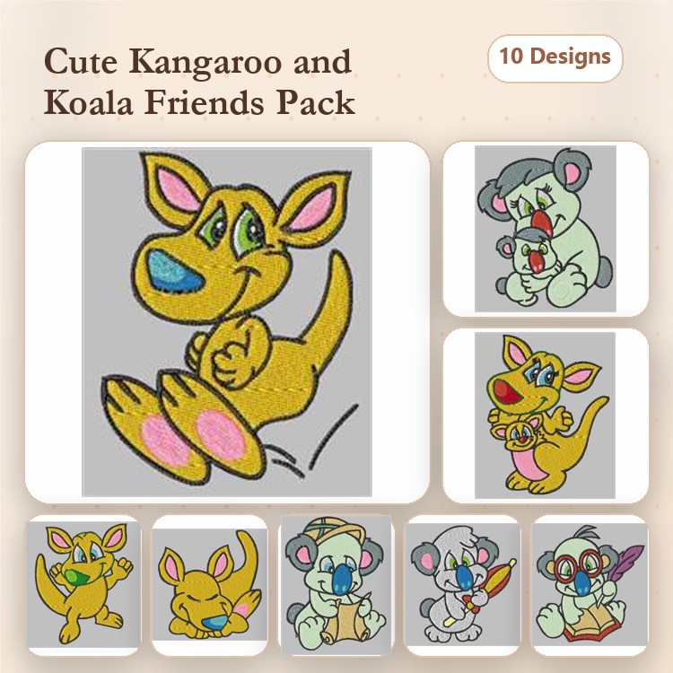 Kangaroo & Koala Embroidery Designs Bundle – Kangaroo with Blue Nose, Koala with Glasses & More (10 Designs)