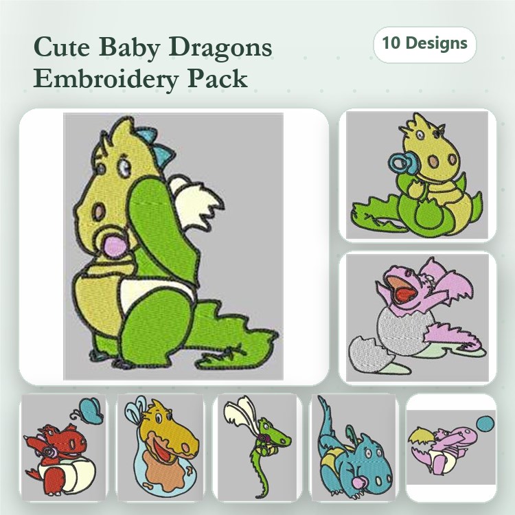 Cute Baby Dragons Embroidery Bundle – Green Baby Dragon, Red Baby Dragon, Baby Dragon with Ball & More (10 Designs)