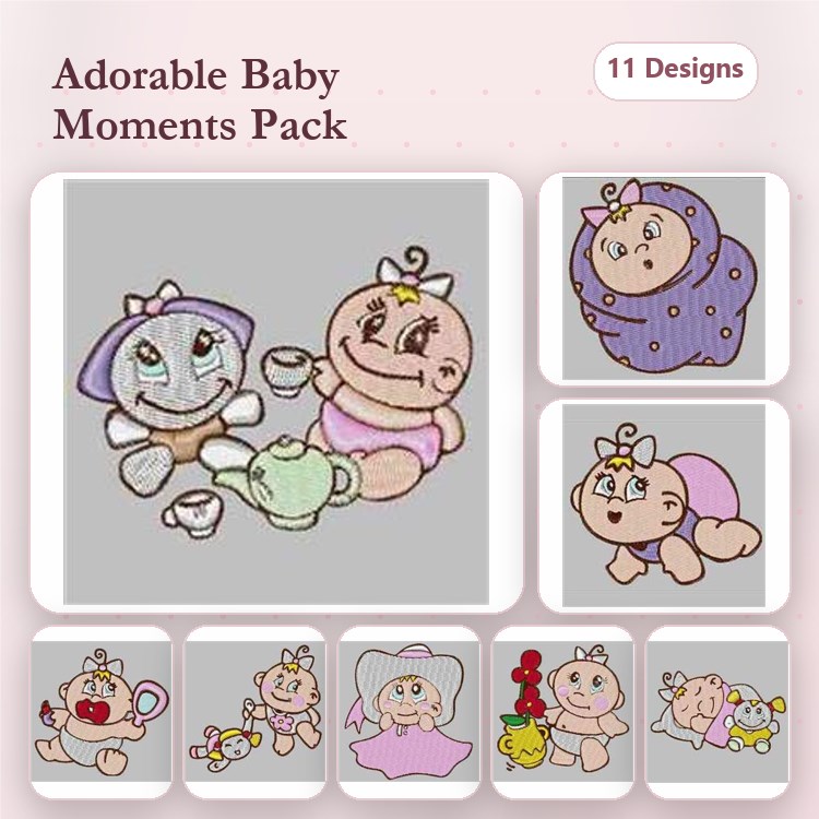 Adorable Baby Characters Embroidery Designs Bundle – Baby with Teapot, Baby in Purple Outfit, Baby with Bear & More (11 Designs)