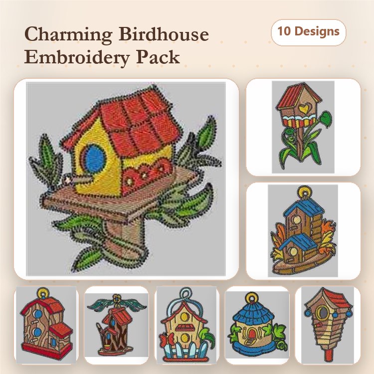 Birdhouse Embroidery Designs Bundle – Charming Birdhouses, Colorful Roofs & More (10 Designs)