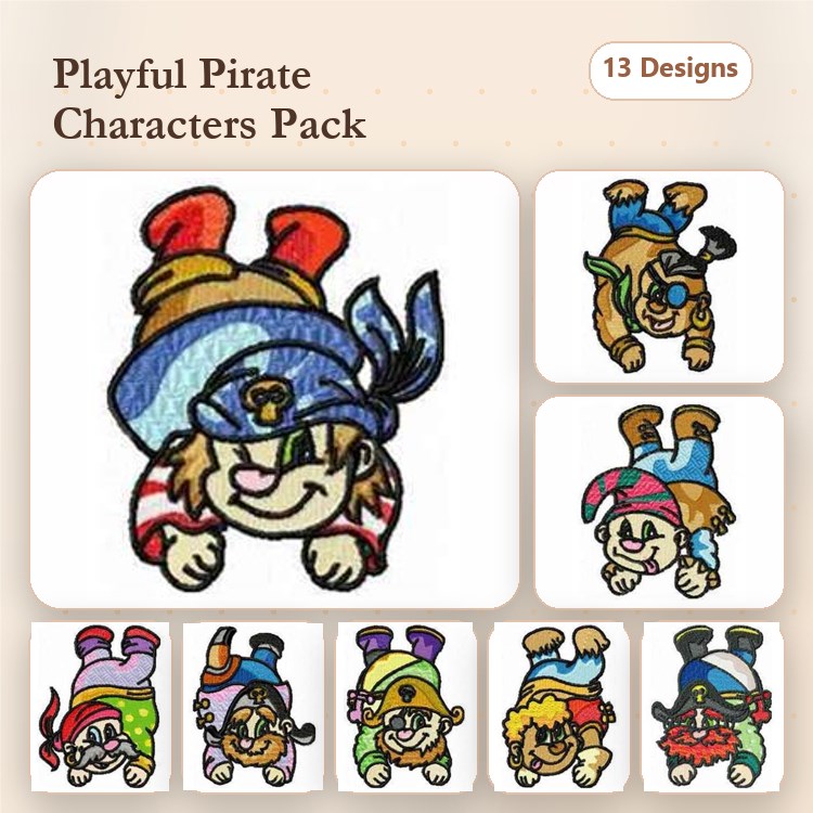 Pirate Characters Embroidery Bundle – Pirate Boy with Blue Bandana, Pirate Girl with Red Scarf & More (13 Designs)