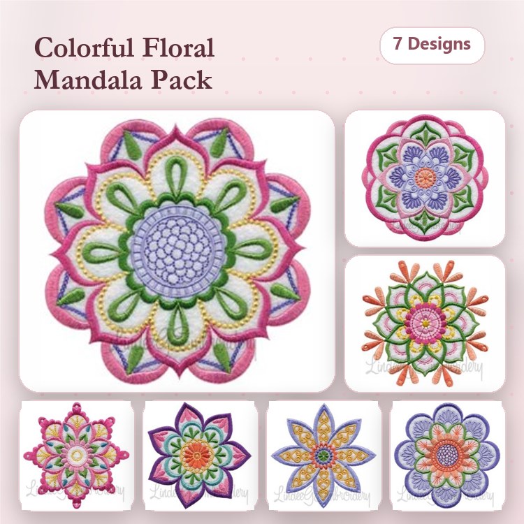Colorful Floral Mandalas Embroidery Bundle – Pink Petals, Blue Center, Green Leaves & More (7 Designs)
