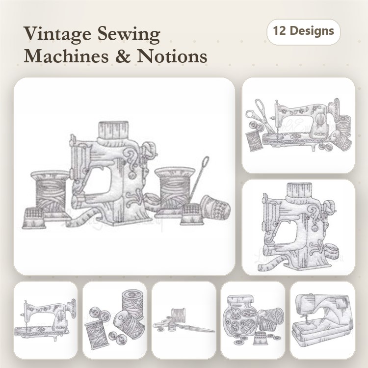 Redwork Sewing Machines & Notions Embroidery Designs Bundle – Antique Sewing Machine, Tailor's Scissors, Measuring Tape & More (12 Designs)