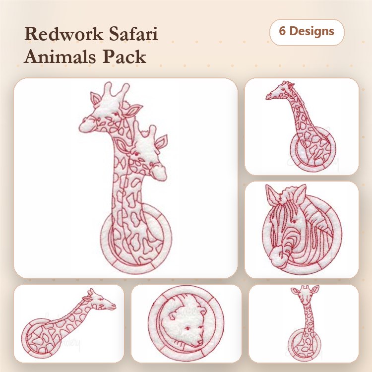 Redwork Safari Animals Embroidery Designs Bundle – Giraffe with Two Heads, Zebra, Lion Face & More (6 Designs)