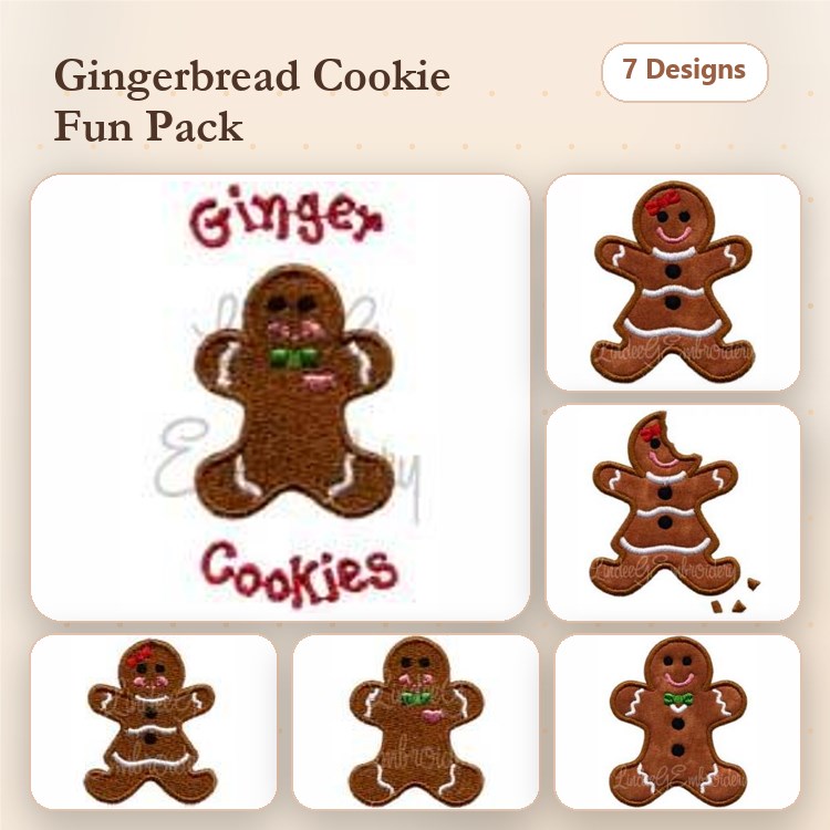Gingerbread Cookies Embroidery Designs Bundle – Gingerbread Cookie with Bow, Candy Cane, Red Hat & More (7 Designs)