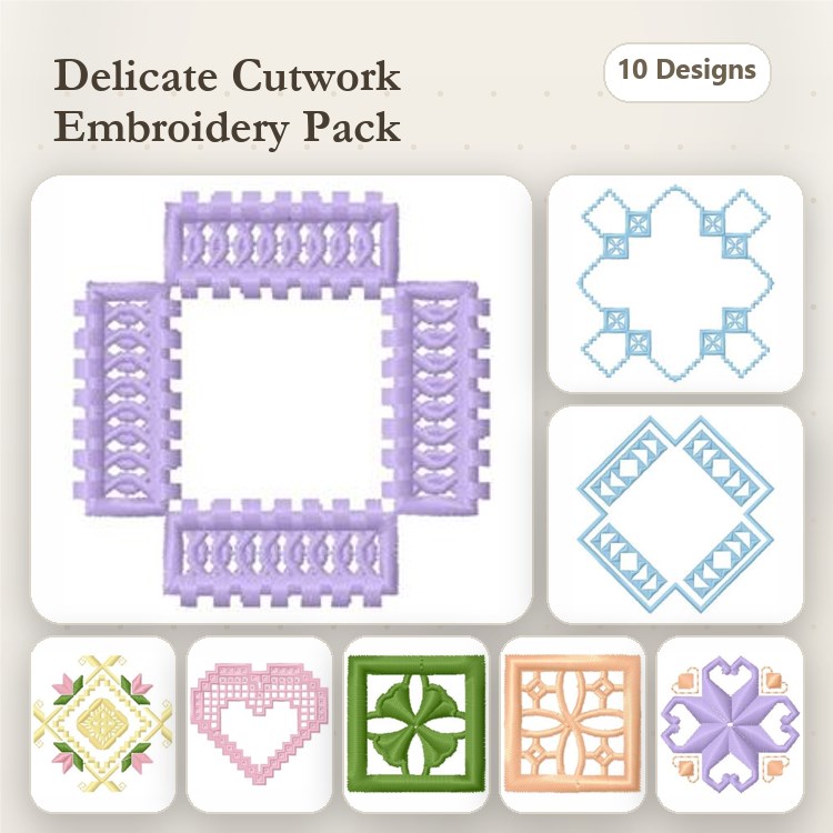 FSL Delicate Cutwork Embroidery Designs Bundle – Lace Square Border, Floral Cutwork Square, Heart Cutwork Design & More (10 Designs)