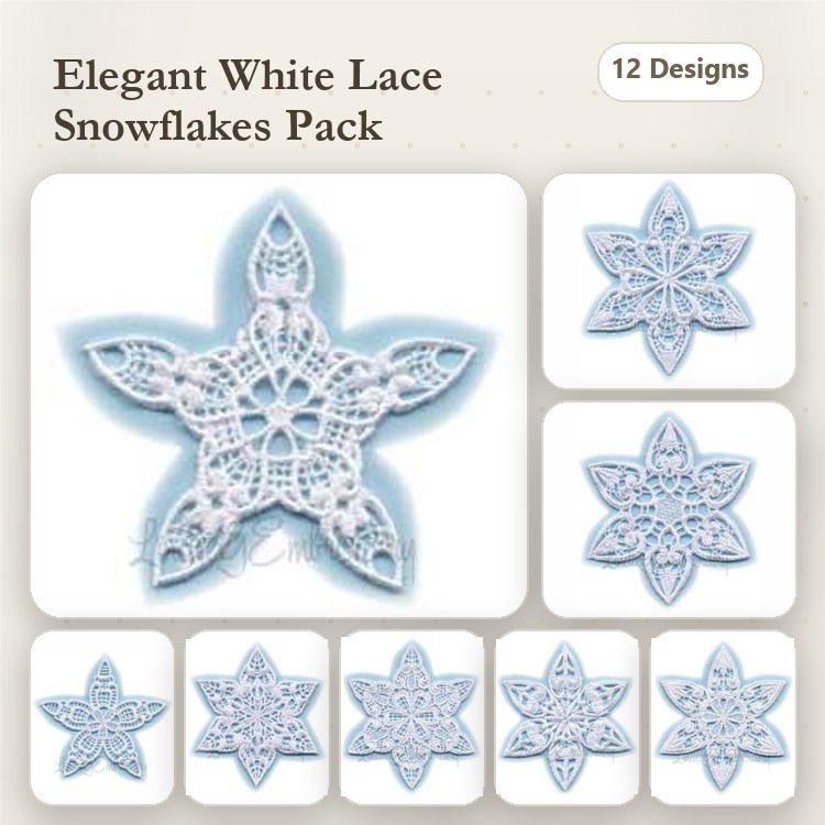 FSL Elegant Lace Snowflakes Embroidery Designs Bundle – Snowflake Ornament & More (12 Designs)