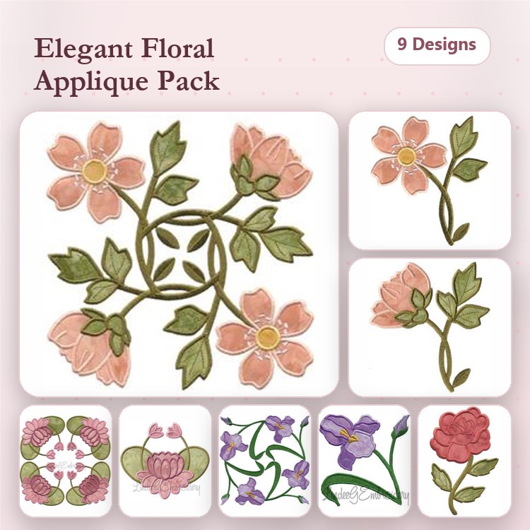Applique Elegant Floral Embroidery Designs Bundle – Floral Bouquet, Flower Cluster, Circular Floral Design & More (9 Designs)