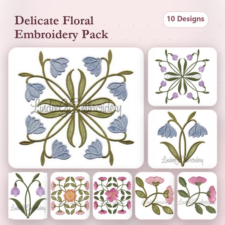 Floral Embroidery Bundle – Bluebell, Tulip, Rose, Peony & More (10 Designs)