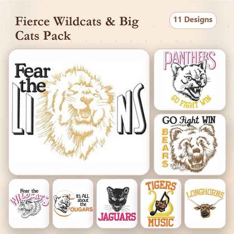 Wildcats & Big Cats Embroidery Designs Bundle – Lion Head, Fear the Lions, Panthers & More (11 Designs)