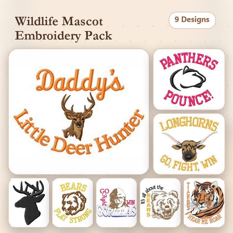 Wildlife Mascot Embroidery Designs Bundle – Daddy's Little Deer Hunter, Panthers Pounce, Bears Paw Strong & More (9 Designs)