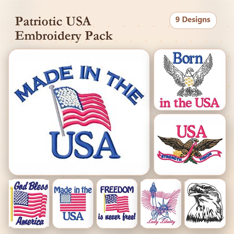 Patriotic USA Embroidery Designs Bundle – Made in the USA, God Bless America, Eagle with Flag & More (9 Designs)