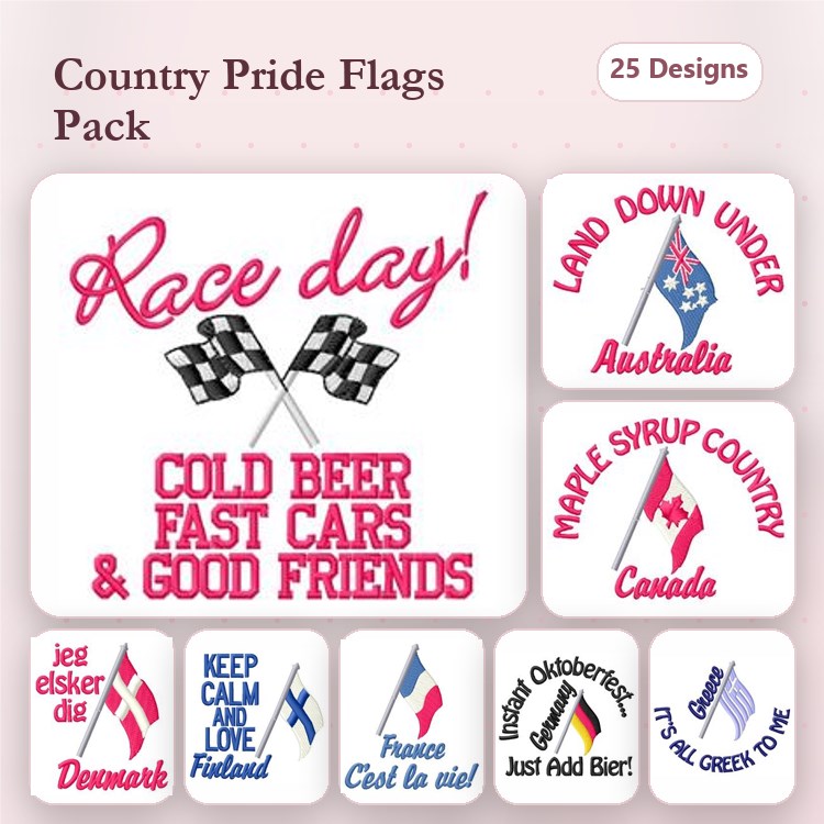 Country Pride Flags Embroidery Designs Bundle – Race Day Graphic, Cold Beer Fast Cars & Good Friends, Denmark Flag & More (25 Designs)
