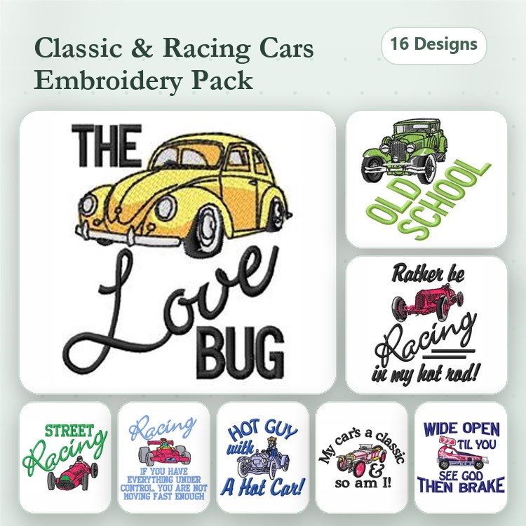 Classic & Racing Cars Embroidery Designs Bundle – The Love Bug, Old School Car, Racing Hot Guy in a Hat Car & More (16 Designs)