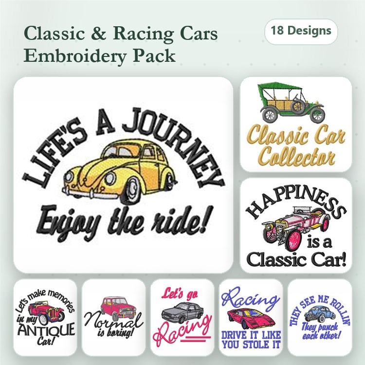 Classic & Racing Cars Embroidery Designs Bundle – Life's A Journey, Let's Go Racing, Drive it Like You Stole It & More (18 Designs)