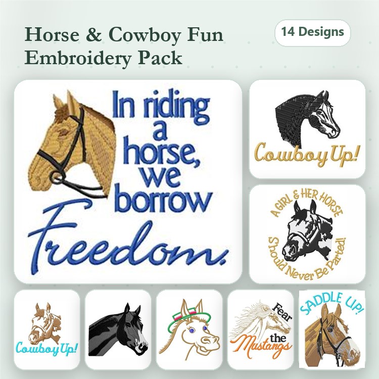 Horse & Cowboy Embroidery Designs Bundle – Horse Head, Cowboy Up!, A Girl & Her Horse & More (14 Designs)
