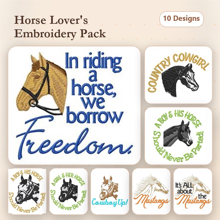 Horse Themed Embroidery Bundle – Horse Head with Bridle, Country Cowgirl, Mustang Silhouette & More (10 Designs)