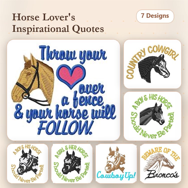 Horse Lover's Inspirational Quotes Embroidery Designs Bundle – Horse Head with Heart, Cowboy Up!, A Girl & Her Horse & More (7 Designs)