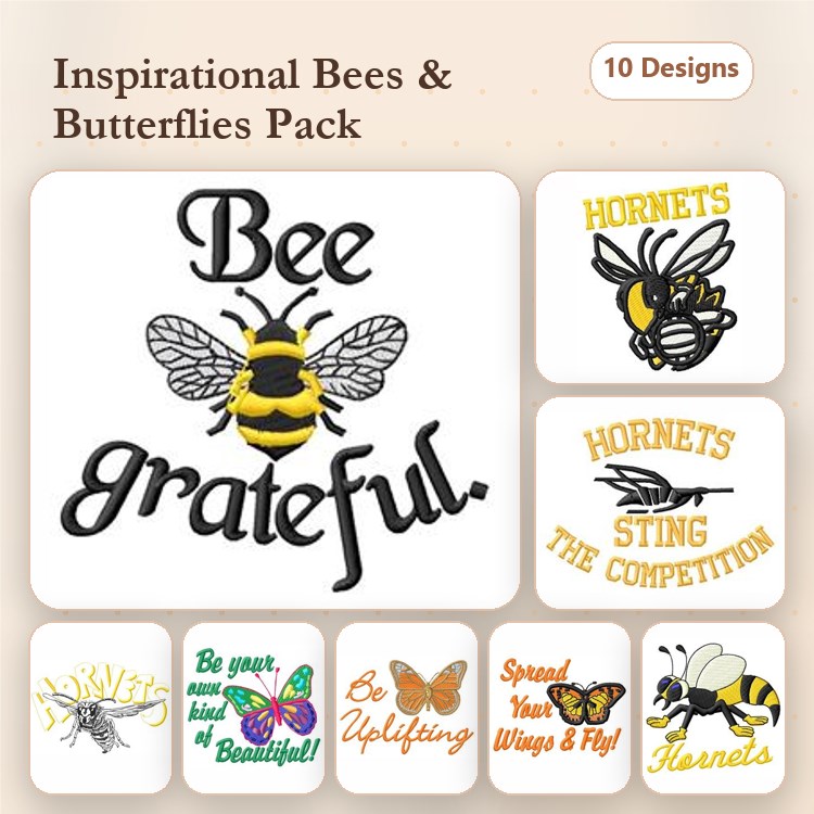 Bees & Butterflies Embroidery Designs Bundle – Bee Grateful, Spread Your Wings & Fly & More (10 Designs)
