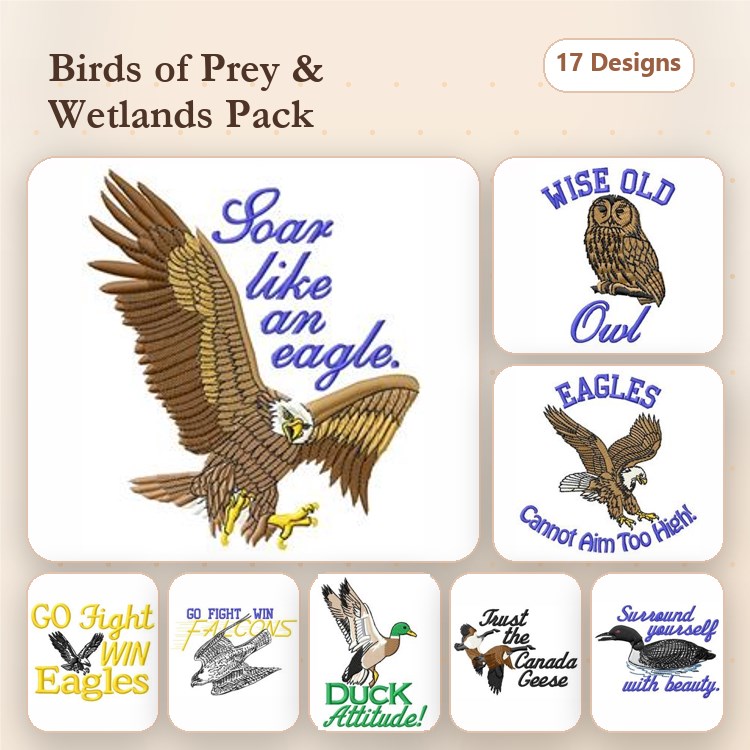 Birds of Prey & Wetlands Embroidery Designs Bundle – Soar like an Eagle, Wise Old Owl, Duck Attitude & More (17 Designs)