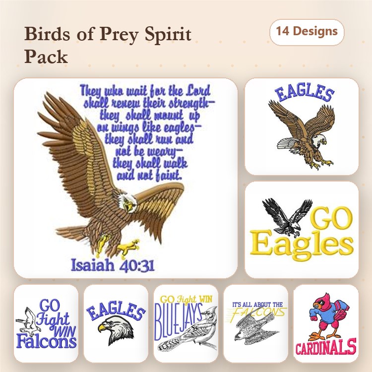 Birds of Prey & Spirit Embroidery Designs Bundle – Eagle, Falcons, Cardinal Mascot & More (14 Designs)