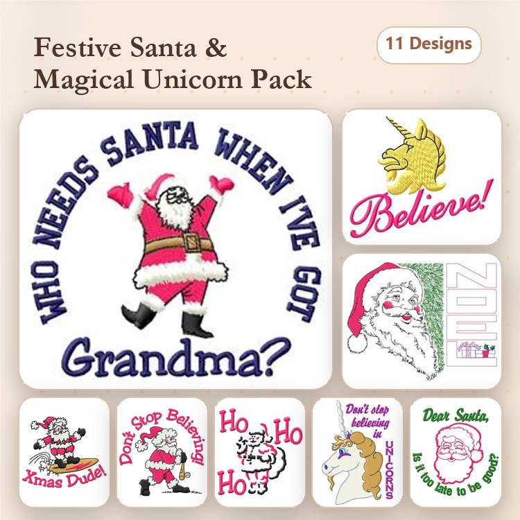 Festive Santa & Unicorn Embroidery Designs Bundle – Santa with Grandma, Don't Stop Believing Unicorn, & More (11 Designs)